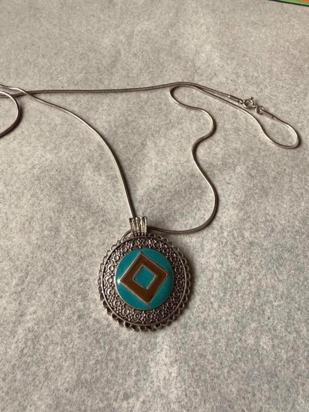 Turquoise Brown Enamel Medallion Necklace Silver Tone Boho Southwestern